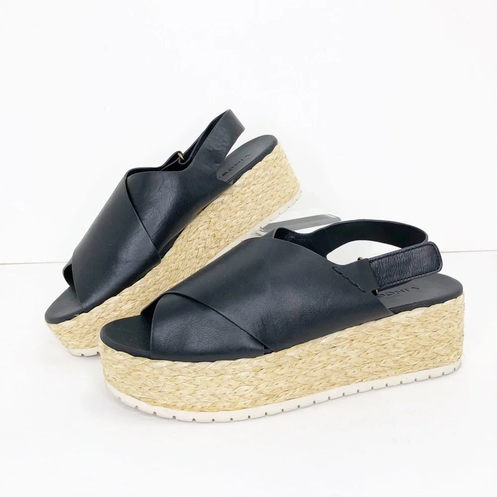 Vince, black, leather espadrille, platform, wedge sandals